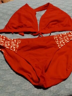 Source Unknown Red Girls Swim Bikini Set with White Pattern Accents